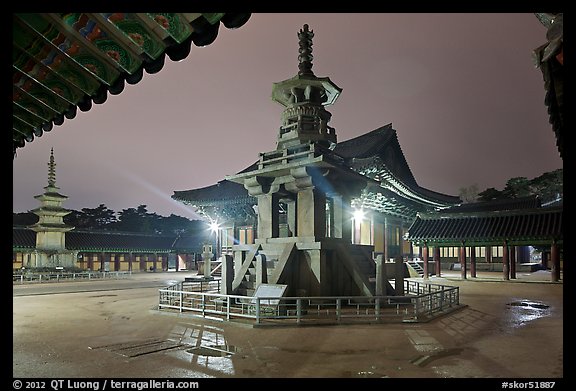 Main courtyard with pagodas by night, Bulguk-sa. Gyeongju, South Korea (color)