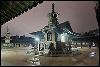 Main courtyard with pagodas by night, Bulguk-sa. Gyeongju, South Korea (color)