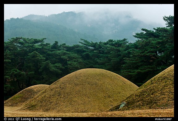 Barrows and misty mountains, Mt Namsan. Gyeongju, South Korea