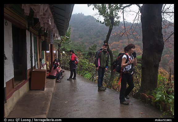 Hikers at Sangseonam hermitage, Samneung Valley, Mt Namsan. Gyeongju, South Korea