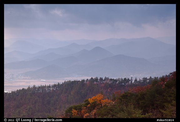 Forest slopes and distant misty hills, Mt Namsan. Gyeongju, South Korea (color)