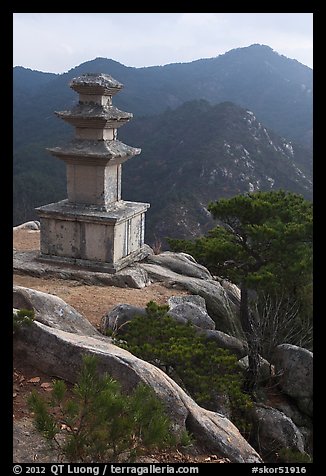 Three storied stone pagoda and mountains, Mt Namsan. Gyeongju, South Korea (color)