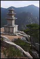 Three storied stone pagoda and mountains, Mt Namsan. Gyeongju, South Korea ( color)