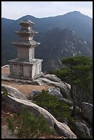 Three storied stone pagoda and mountains, Mt Namsan. Gyeongju, South Korea