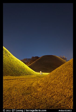 Grassy burial tumulus at night. Gyeongju, South Korea