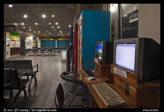 Computers with Korean keyboard in bus terminal. Gyeongju, South Korea (color)