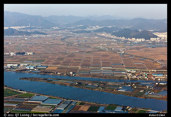 Aerial view of fileds and high rises, Busan. South Korea
