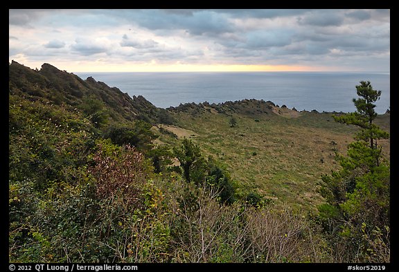 View over crater and ocean,  Seongsang Ilchulbong. Jeju Island, South Korea