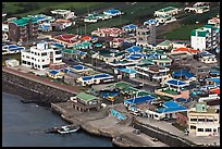 Houses with blue roofs, Seongsang Ilchulbong from above. Jeju Island, South Korea ( color)