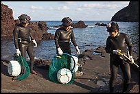 Elderly Haeneyo women in wetsuits. Jeju Island, South Korea (color)