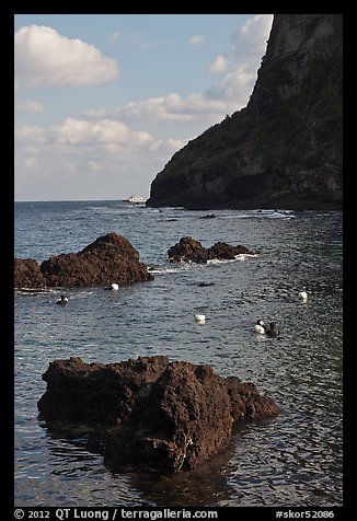 Cove with Haeneyo woman diving. Jeju Island, South Korea