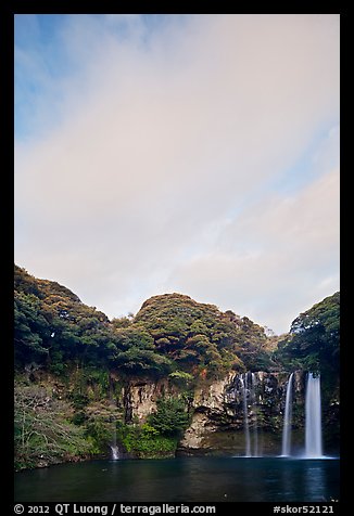 Cheongjiyeon Pokpo falls and clouds, sunrise, Seogwipo. Jeju Island, South Korea (color)