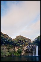 Cheongjiyeon Pokpo falls and clouds, sunrise, Seogwipo. Jeju Island, South Korea (color)