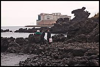 Businessmen on shore near Yongduam Rock, Jeju-si. Jeju Island, South Korea (color)