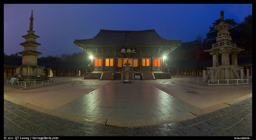 Frontal view of main hall and two pagodas at night, Bulguksa. Gyeongju, South Korea (color)