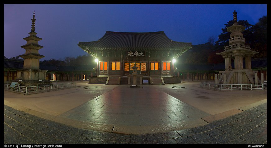 Frontal view of main hall and two pagodas at night, Bulguksa. Gyeongju, South Korea