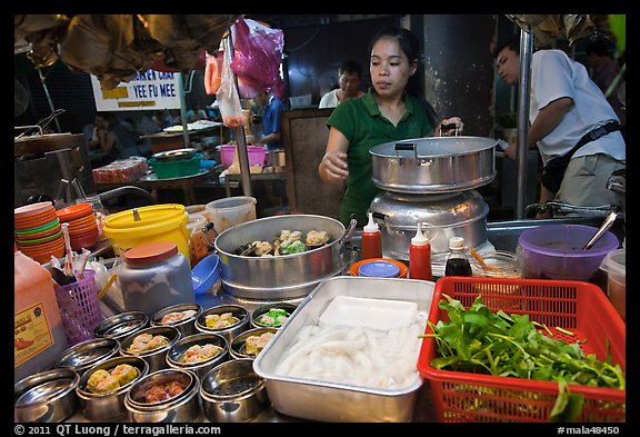 Woman serving dumplings. George Town, Penang, Malaysia (color)