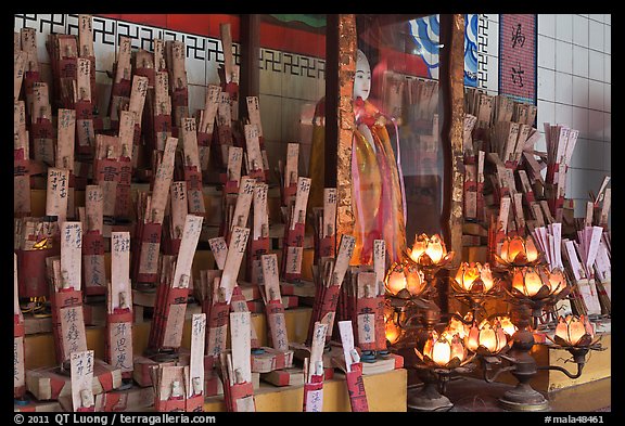 Tablets with names on altar, Kuan Yin Teng temple. George Town, Penang, Malaysia (color)