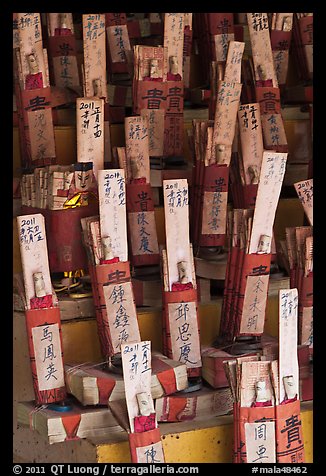 Sticks with names in Chinese characters, Kuan Yin Teng temple. George Town, Penang, Malaysia