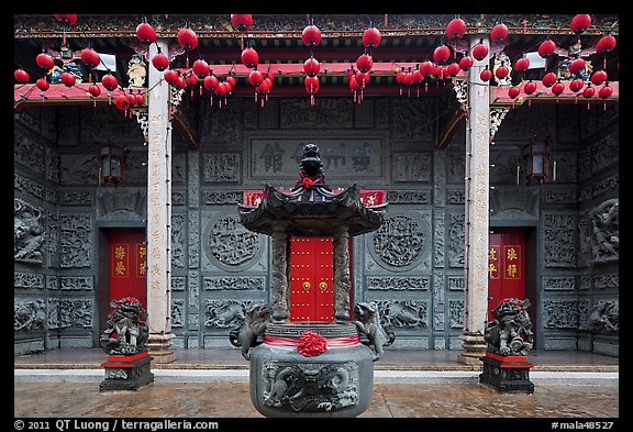 Slate and crimson facade, Hainan Temple. George Town, Penang, Malaysia