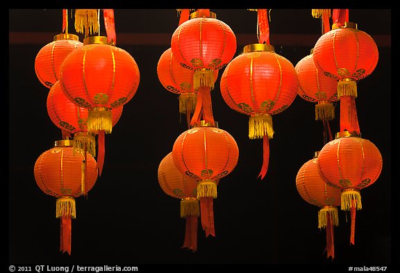 Paper lanterns by night, Gelugpa Buddhist Association temple. George Town, Penang, Malaysia (color)