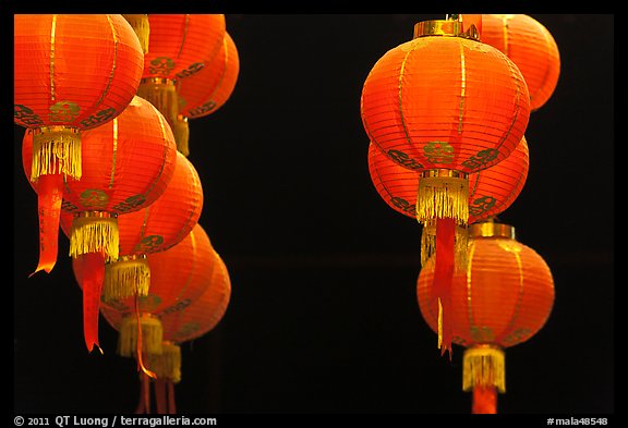 Red lanterns by night, Gelugpa Buddhist Association temple. George Town, Penang, Malaysia