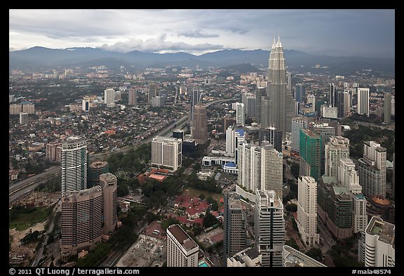 Elevated cityscape view with Petronas Towers. Kuala Lumpur, Malaysia