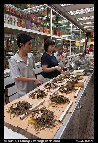 Chinese medicine herbs being packed on counter. Kuala Lumpur, Malaysia (color)