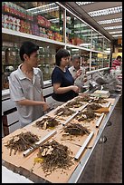 Chinese medicine herbs being packed on counter. Kuala Lumpur, Malaysia (color)