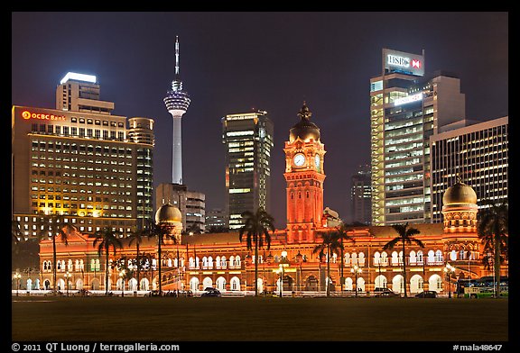 KL night skyline with Sultan Abdul Samad Building and Menara KL. Kuala Lumpur, Malaysia (color)