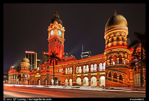 Sultan Abdul Samad Building illuminated at night. Kuala Lumpur, Malaysia