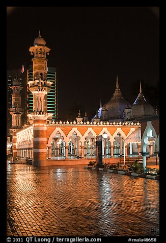 Masjid Jamek and reflections at night. Kuala Lumpur, Malaysia (color)