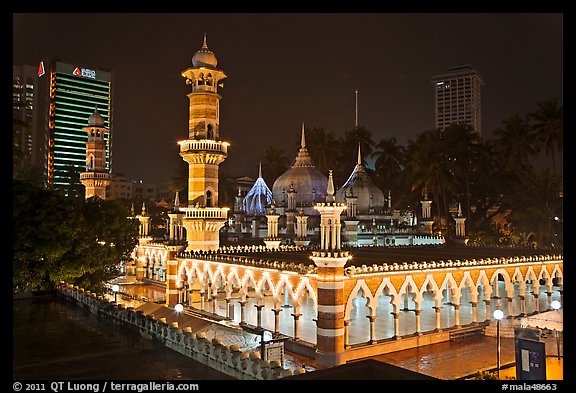 Prayer hall, Masjid Jamek, night. Kuala Lumpur, Malaysia