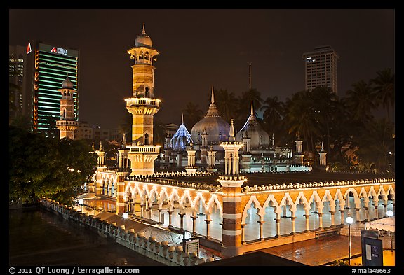 Prayer hall, Masjid Jamek, night. Kuala Lumpur, Malaysia (color)