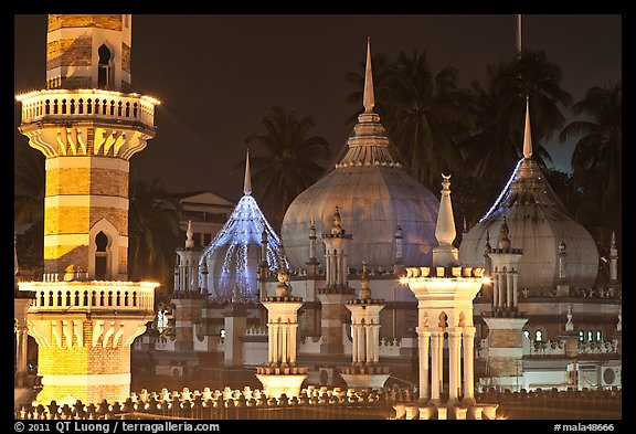 Minarets and domes at night Masjid Jamek. Kuala Lumpur, Malaysia (color)