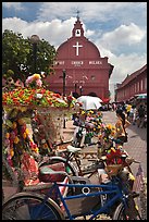 Malacca Town Square with trishaws and church. Malacca City, Malaysia