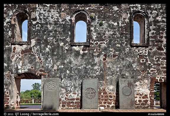 Church walls and tombstones, Bukit St Paul. Malacca City, Malaysia (color)