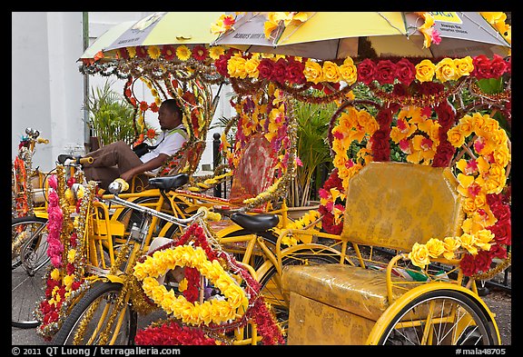 Trishaws decorated with plastic flowers. Malacca City, Malaysia (color)