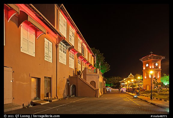 Stadthuys and clock tower at night. Malacca City, Malaysia