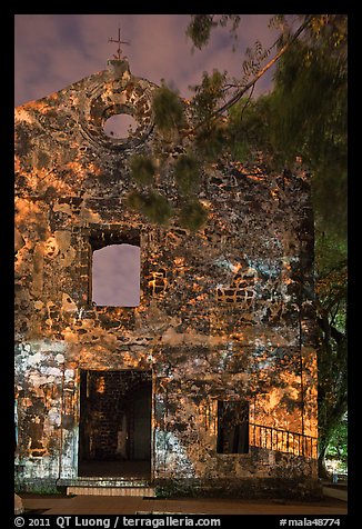 Ruined facade of St Paul Church at night. Malacca City, Malaysia