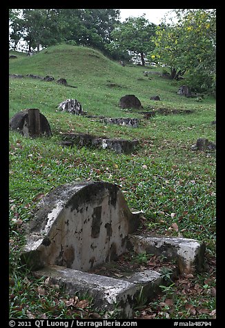 Chinese graves on hillside, Bukit China cemetery. Malacca City, Malaysia (color)