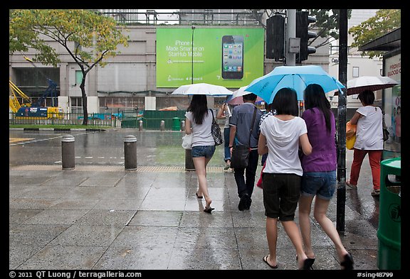 Women walking under unbrella during downpour. Singapore (color)