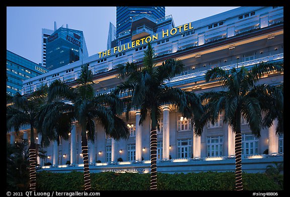 Fullerton Hotel facade at dusk. Singapore