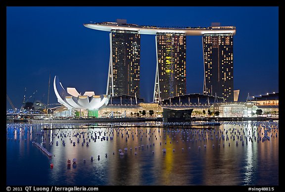 Marina Bay Sands and harbor at night. Singapore