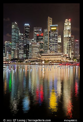 Fullerton Hotel and skyline at night. Singapore