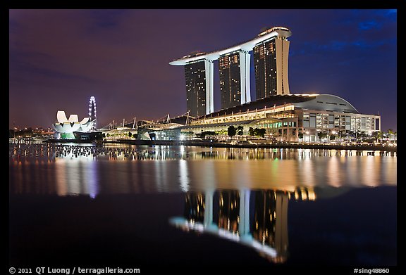 Marina Bay Sands resort and bay reflection at night. Singapore (color)