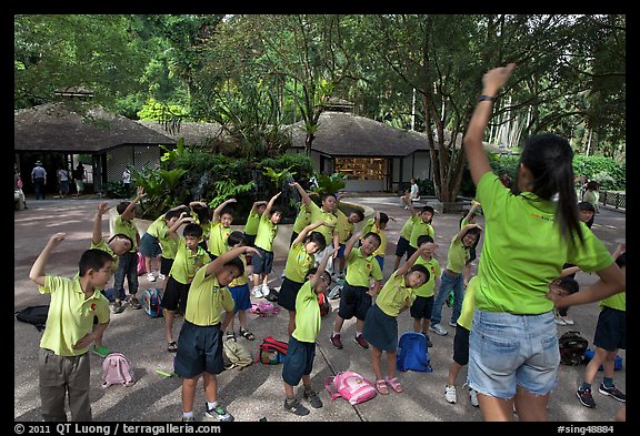 Schoolchildren doing gymnastics in  Singapore Botanical Gardens. Singapore