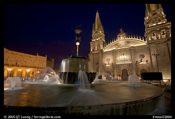 Plazza de los Laureles, fountain, and Cathedral by night. Guadalajara, Jalisco, Mexico