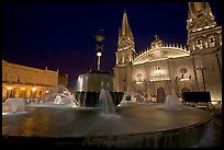 Plazza de los Laureles, fountain, and Cathedral by night. Guadalajara, Jalisco, Mexico