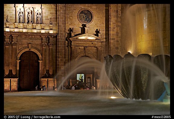 Fountain and cathedral wall by night. Guadalajara, Jalisco, Mexico (color)